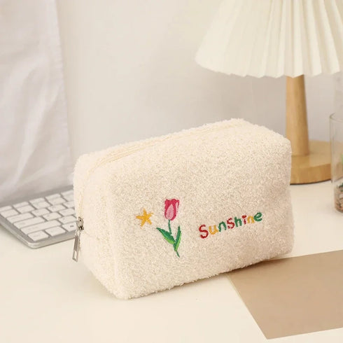 Cute Cosmetic Storage Bag Embroidered Flowers Cosmetic Bag Pencil Case Soft plush Makeup Bag for Lipstick Jewelry Pouch
